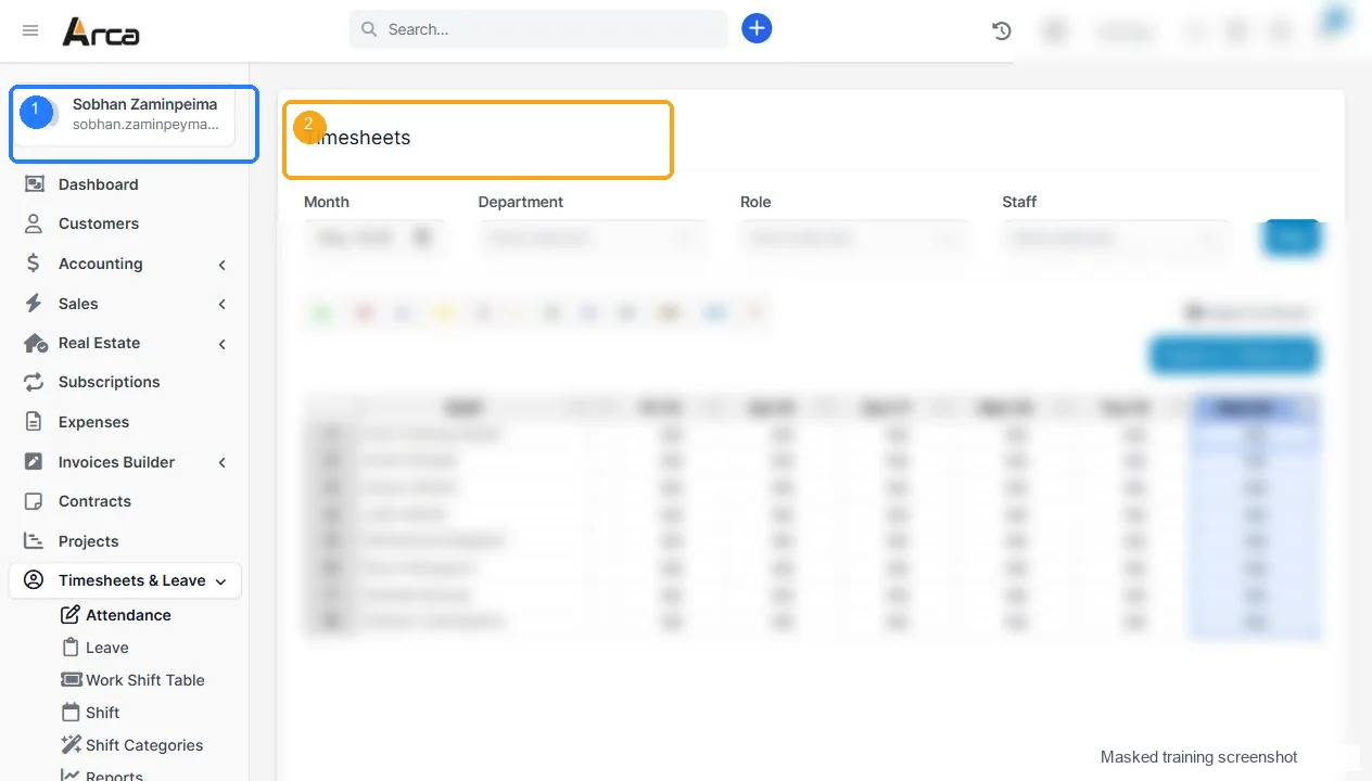 اسکرین‌شات حضور، مرخصی و Timesheets